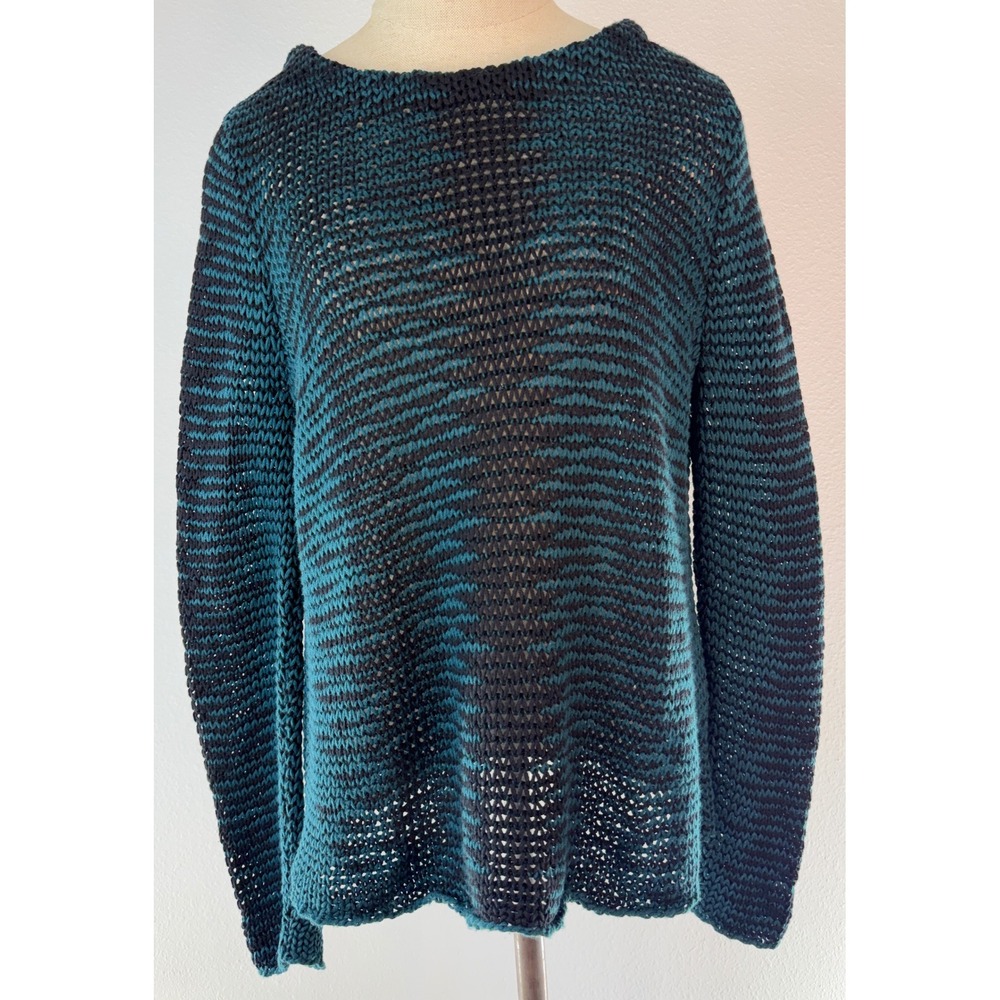 Indigenous Hand Knit Sweater Organic Cotton Lyocell Teal Black Striped Cabincore